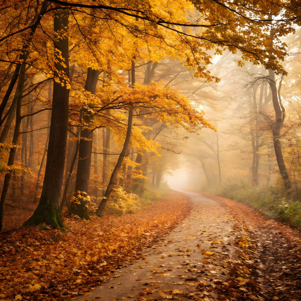 Fall anxiety relief through faith - autumn forest path showing God's peace for fall anxiety and seasonal worry