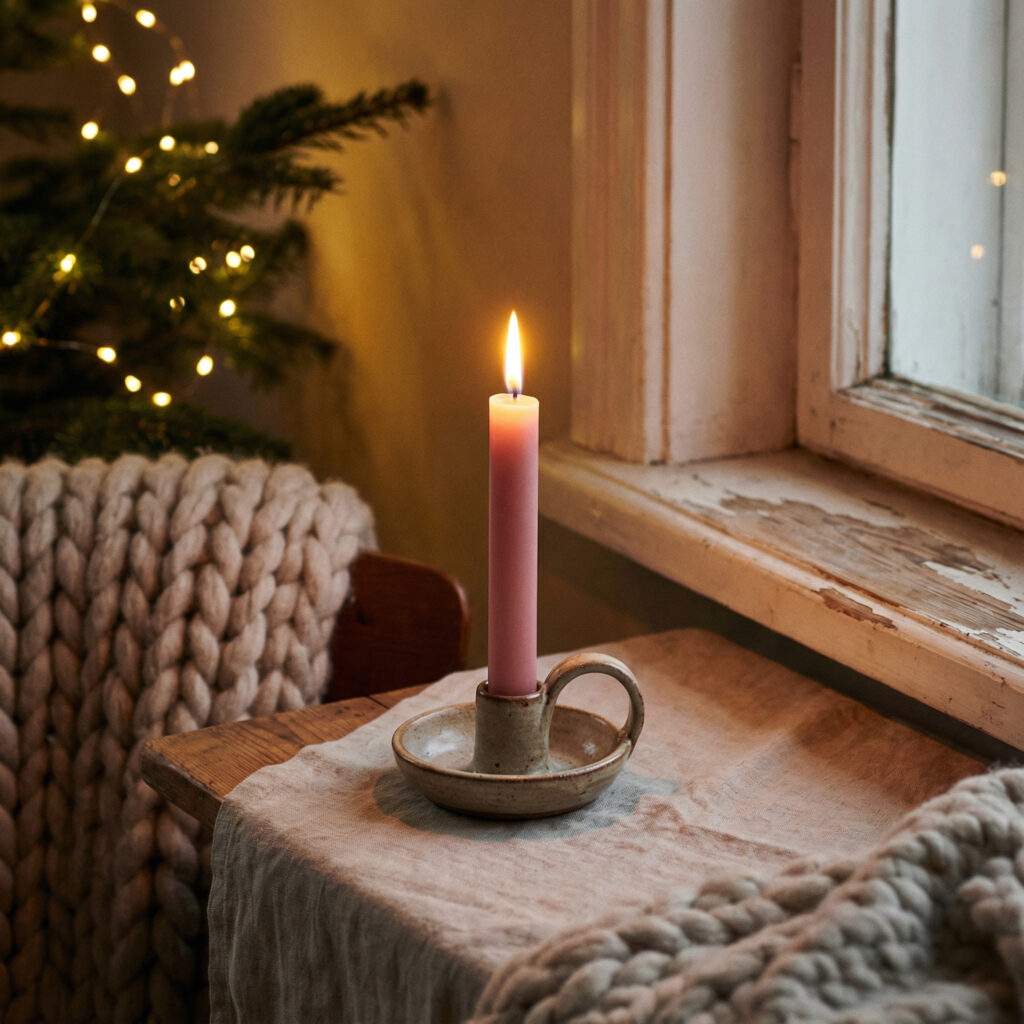 A pink Advent candle glowing on a small wooden table by a window, wrapped in warm blankets and gentle holiday lights, evoking quiet hope and comfort.
